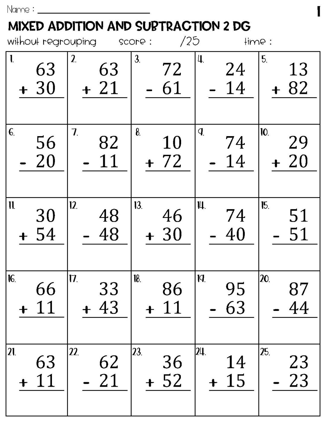 math worksheet addition and subtraction