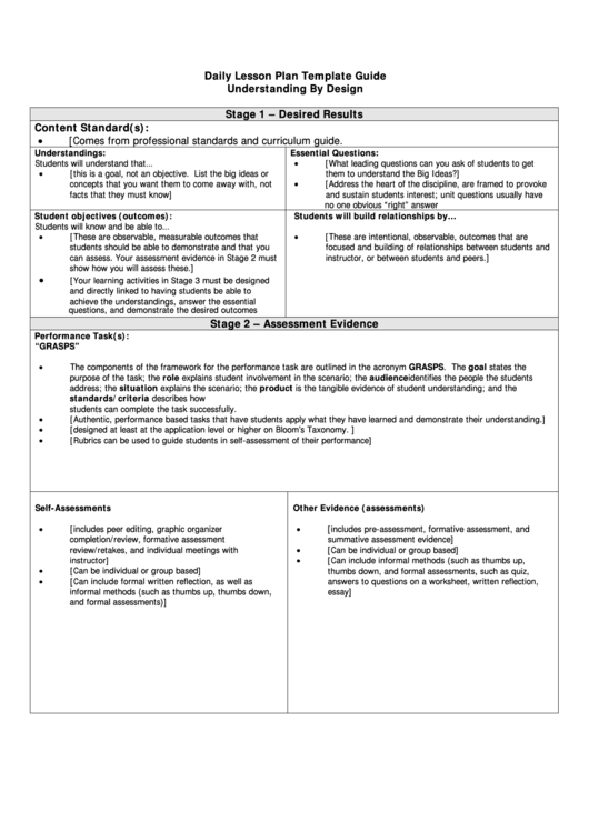 Understanding By Design Daily Lesson Plan Template Printable Pdf Download