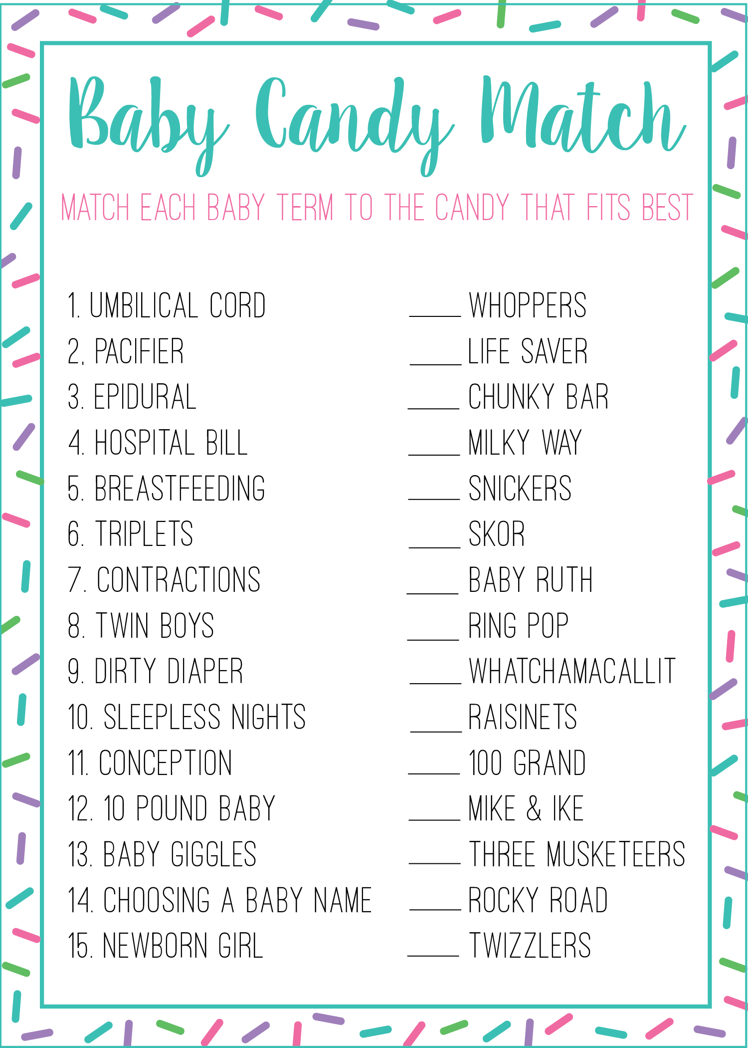 Use This Free Printable To Play The Candy Match Baby Shower Game At 