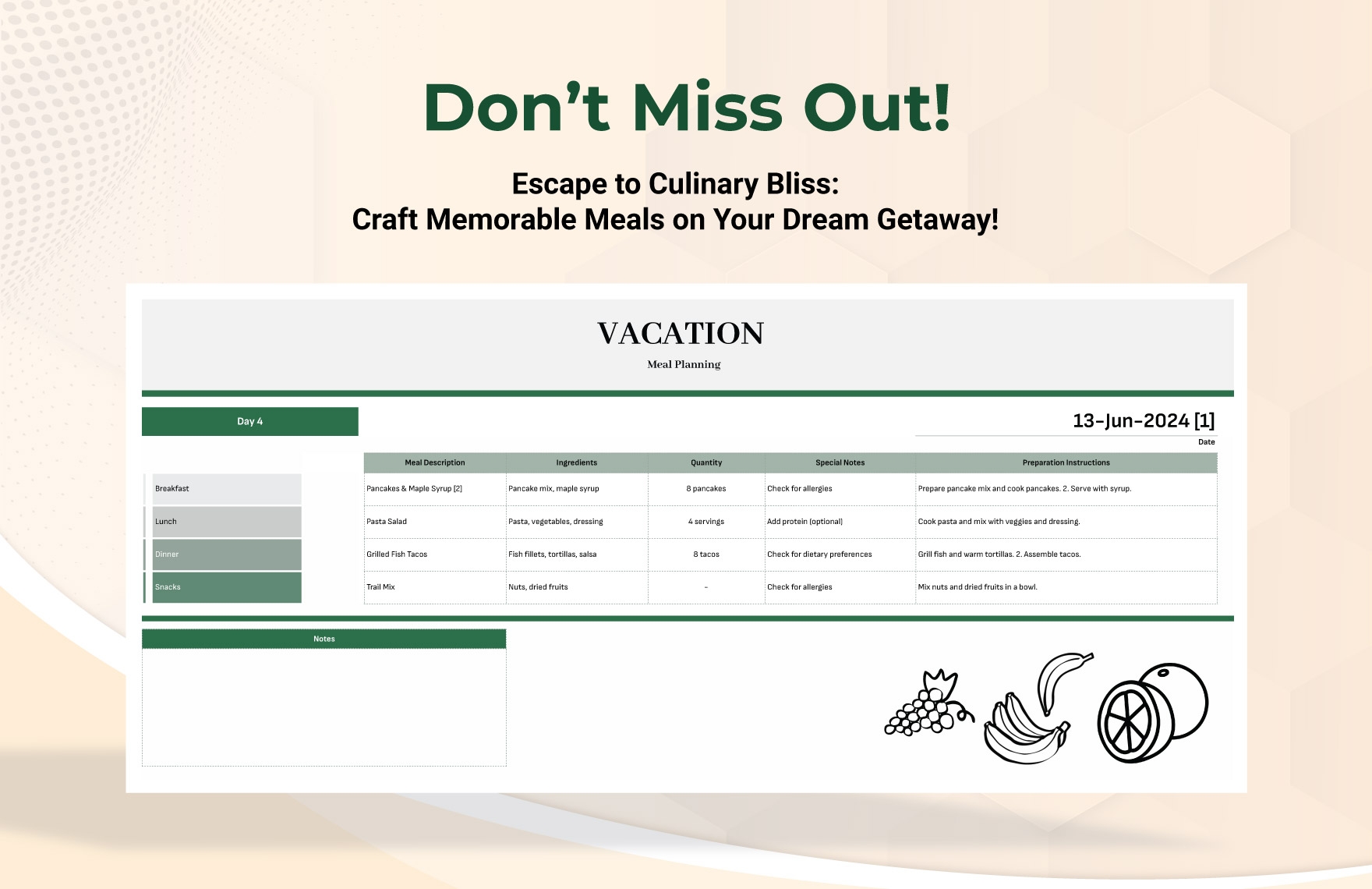 Vacation Meal Planning Template Template