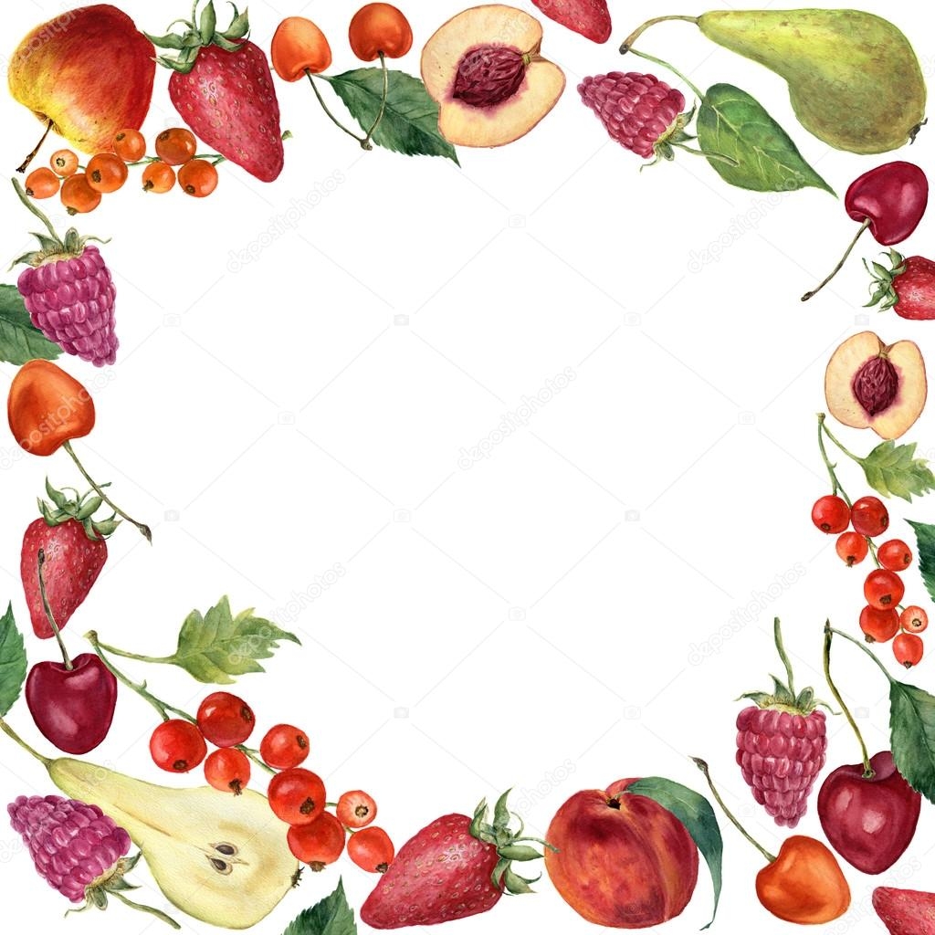 Watercolor Summer Fruit And Berries Frame Card Hand Painted Border 