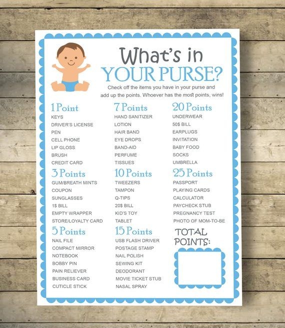 free printable baby boy shower games what's in your purse