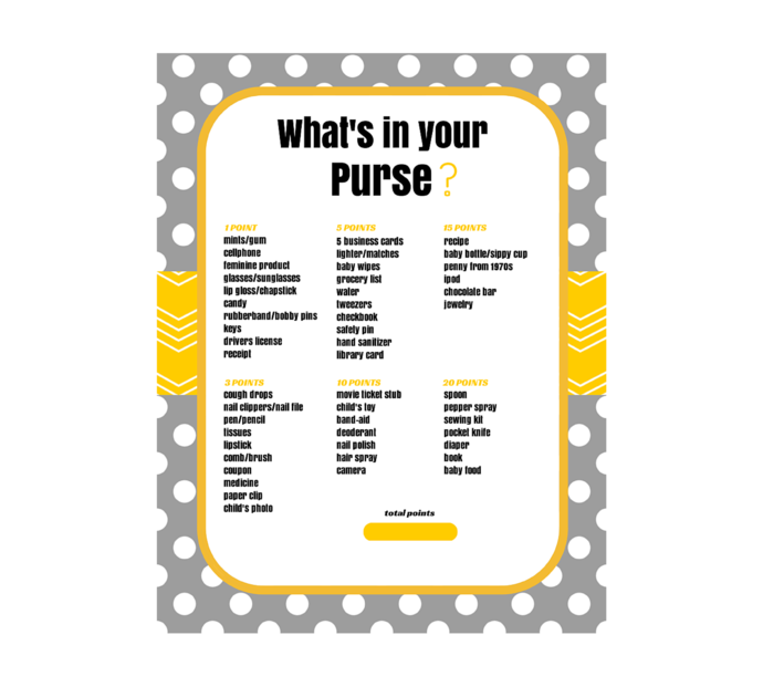 What 39 s In Your Purse Baby Shower Magical Printable