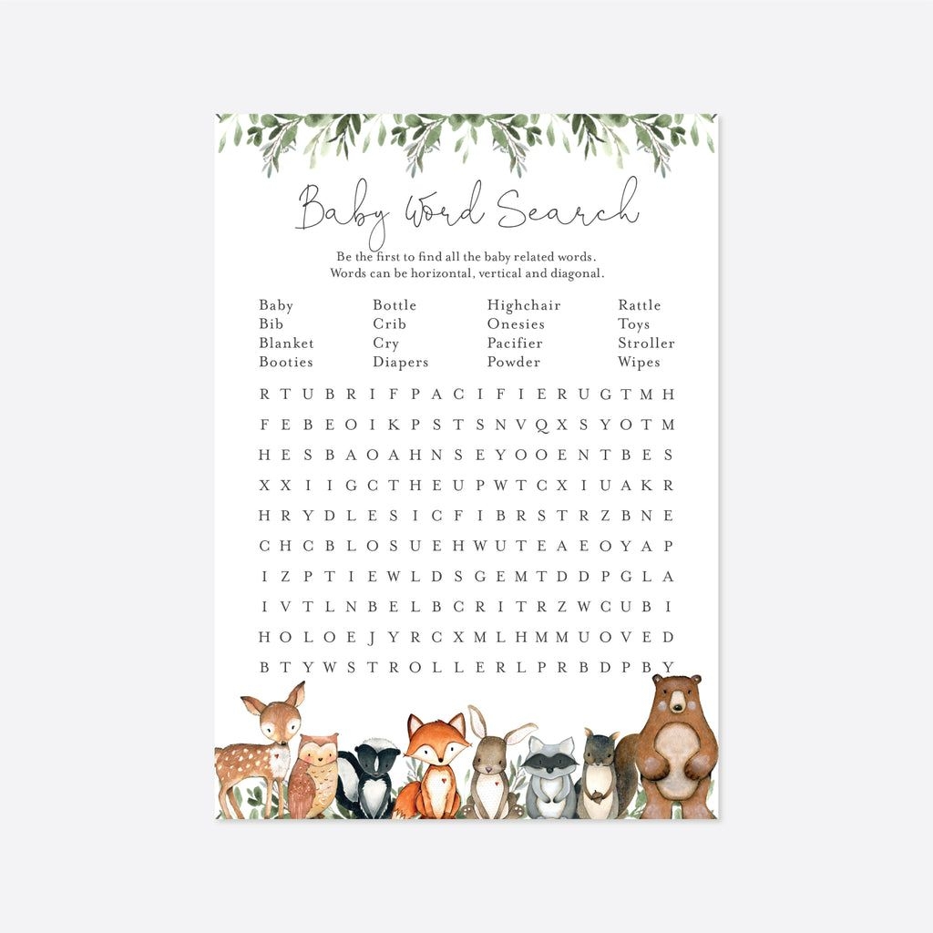 Woodland Animals Baby Shower Word Search Game Printable In 2022 Baby