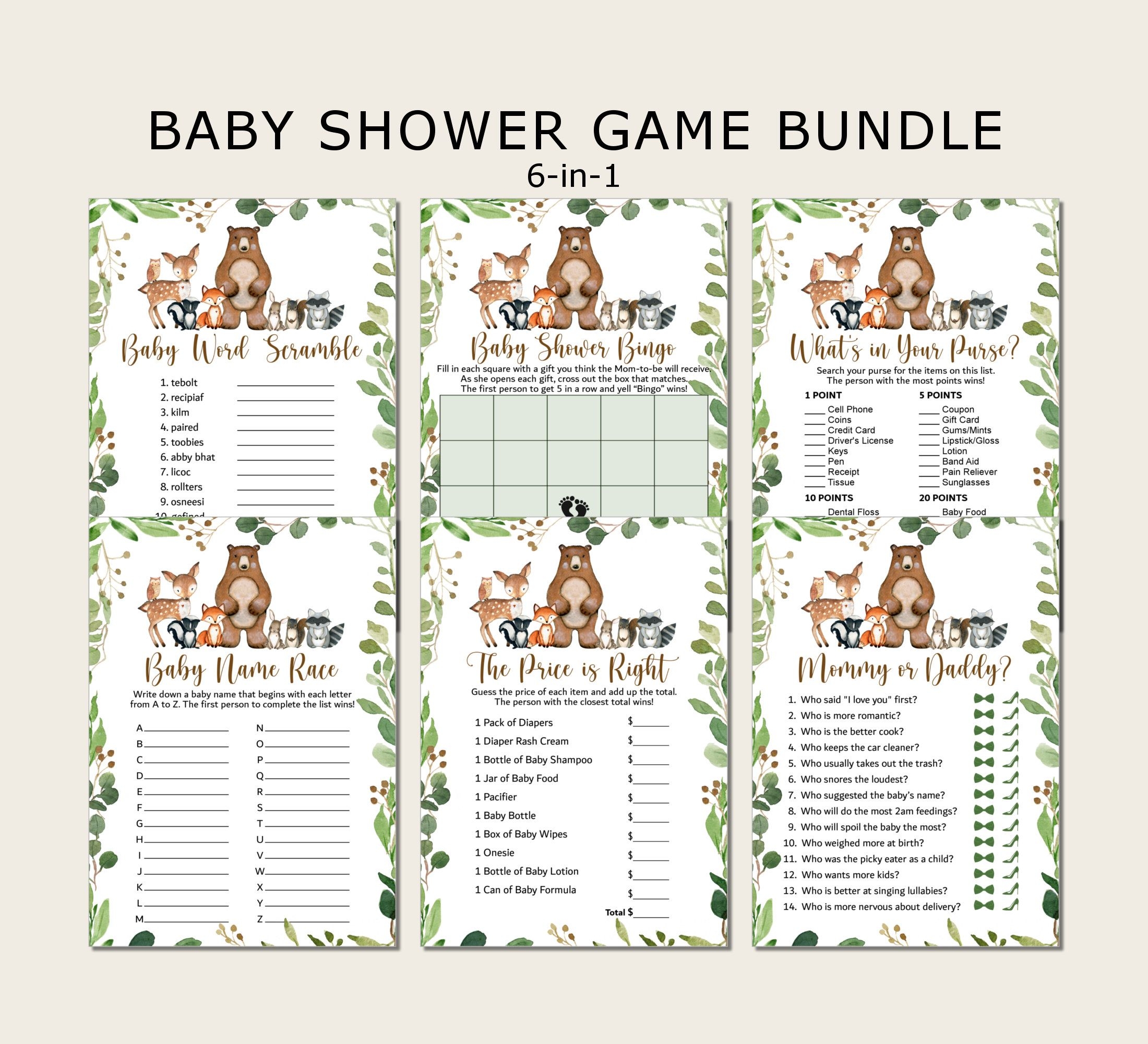 Woodland Baby Shower Games Bundle Greenery Woodland Animals Baby Shower 