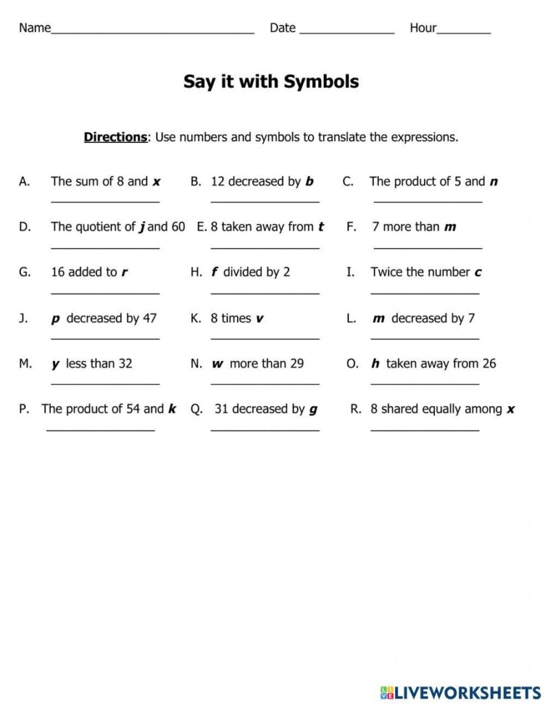 Writing Expressions Kirsten Hoopert Live Worksheets Library