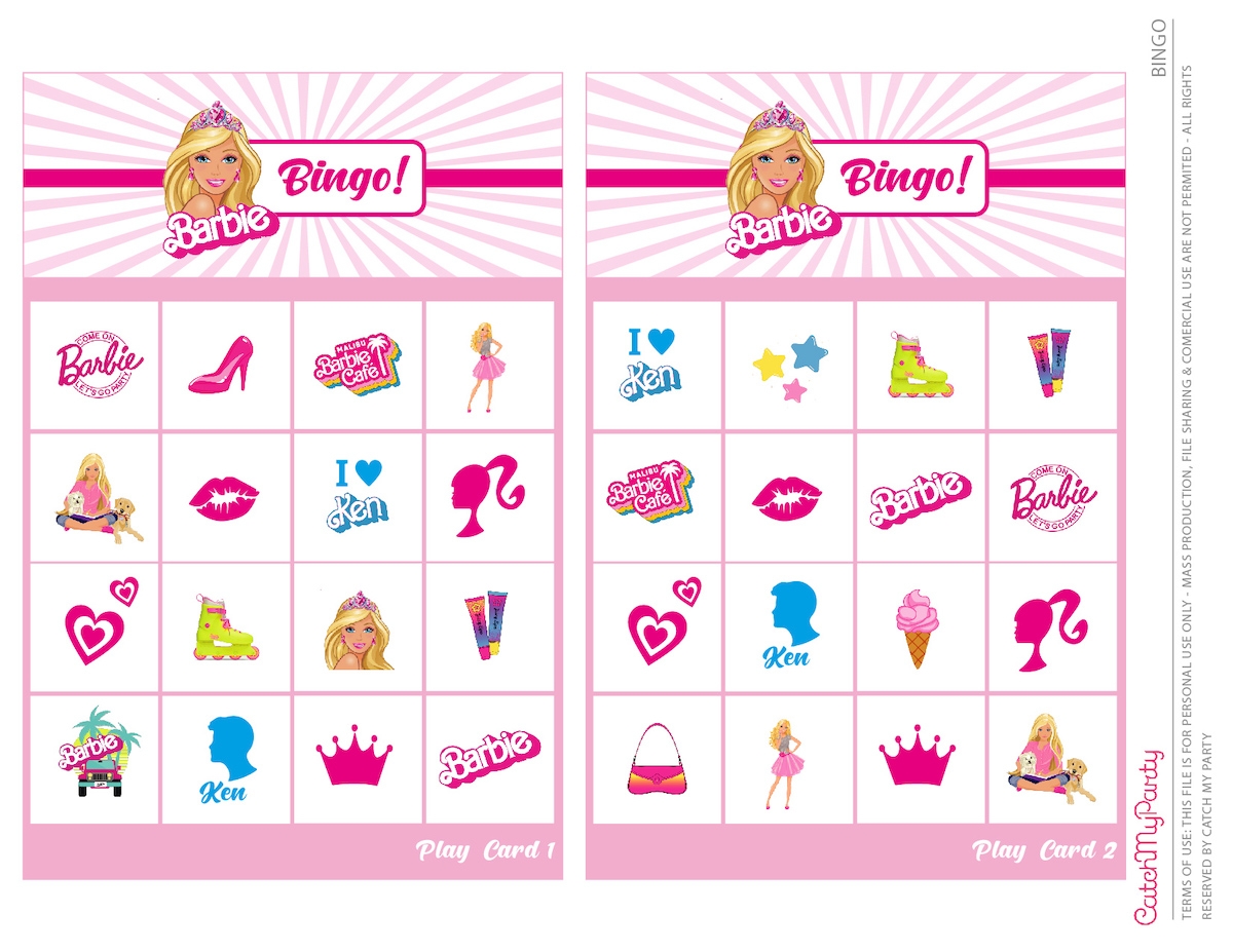  12 Cards FREE Fun Printable BARBIE Bingo Game The Catch My Party Blog