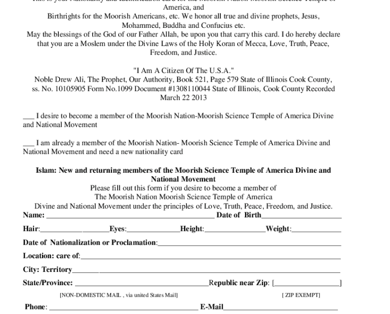 2016 2025 Form Moorish Nation Nationality Card Application Fill Online