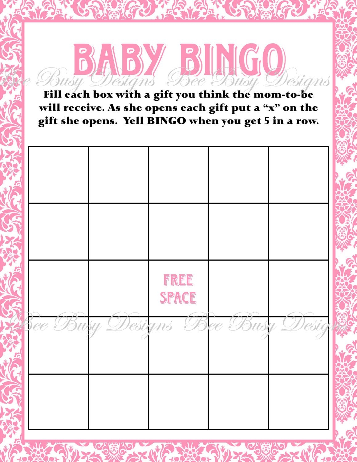 free printable baby shower bingo card template