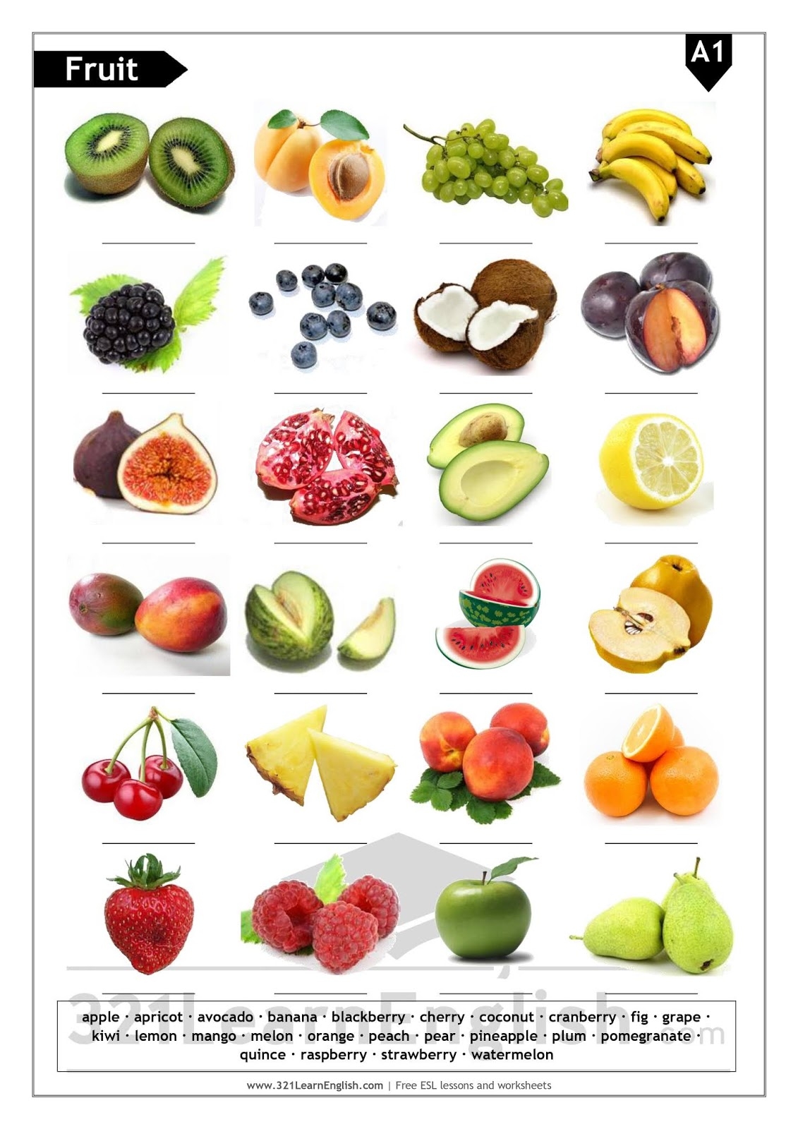 321 Learn English ESL Vocabulary Fruit basic level A1 