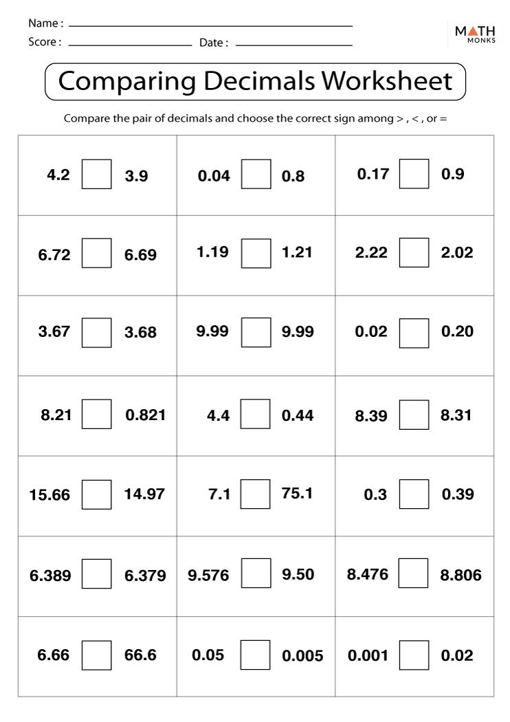 4th Grade Decimal Worksheets