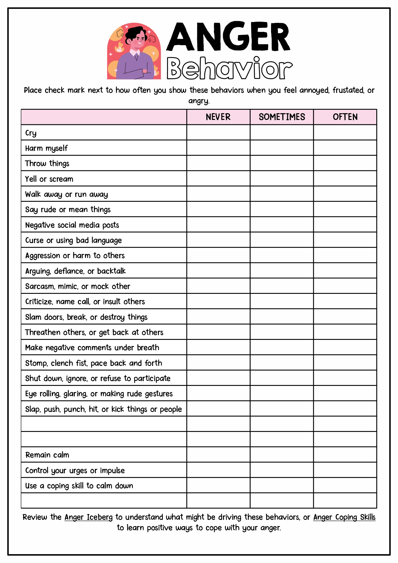 Anger Management Printable Worksheets