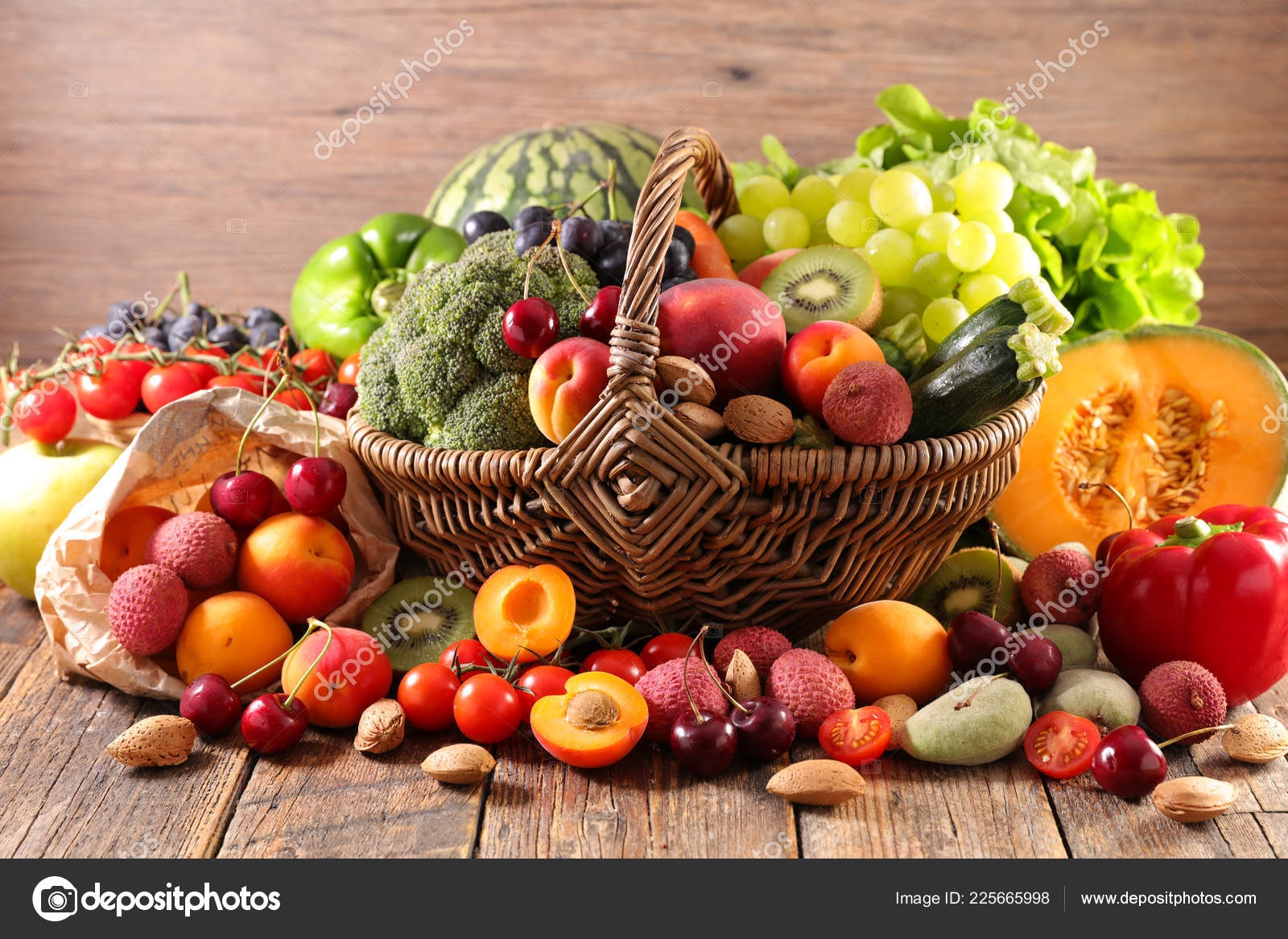 Assorted Fruits Vegetables Basket Wooden Table Still Life Stock Photo StudioM 225665998
