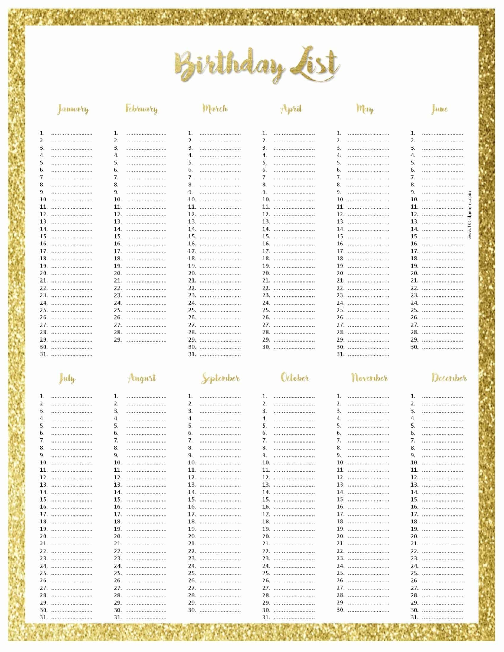 Birthday List Template