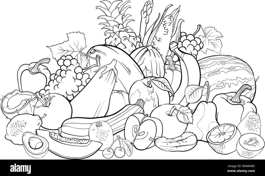 Black And White Cartoon Illustration Of Fruits And Vegetables Big Group Food Design For Coloring Book Stock Vector Image U0026 Art Alamy