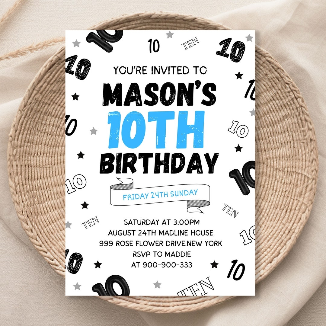 Boy 10th Birthday Invitation Boy Birthday Invites 10th Birthday 