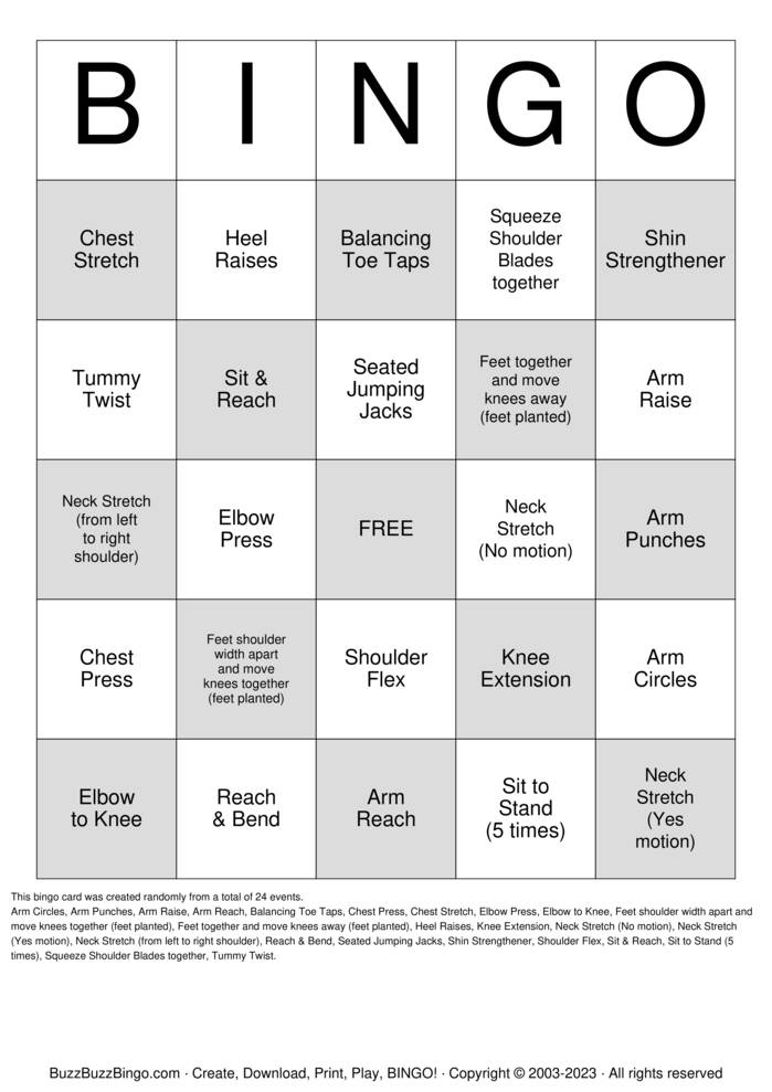 chair activity bingo printable