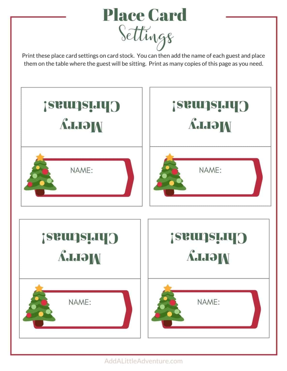 christmas place cards template printable