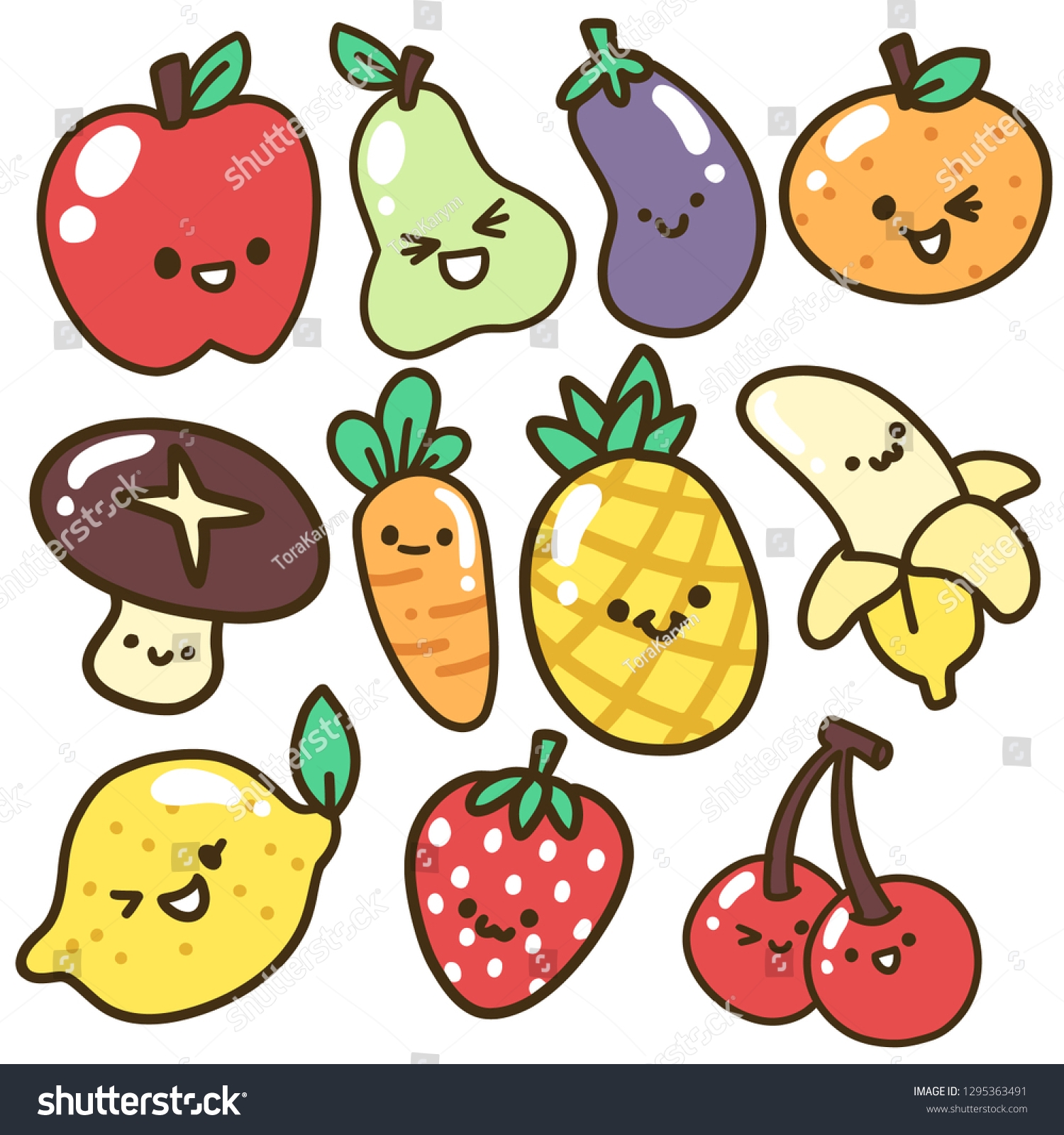 Collection Set Cute Fruits Vegetablesadorable Applekawaii Stock Vector Royalty Free 1295363491 Shutterstock