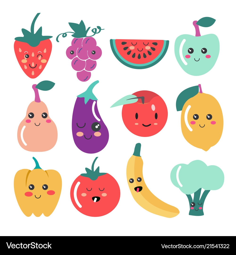 Cute Kawaii Fruit And Vegetable Icons Royalty Free Vector