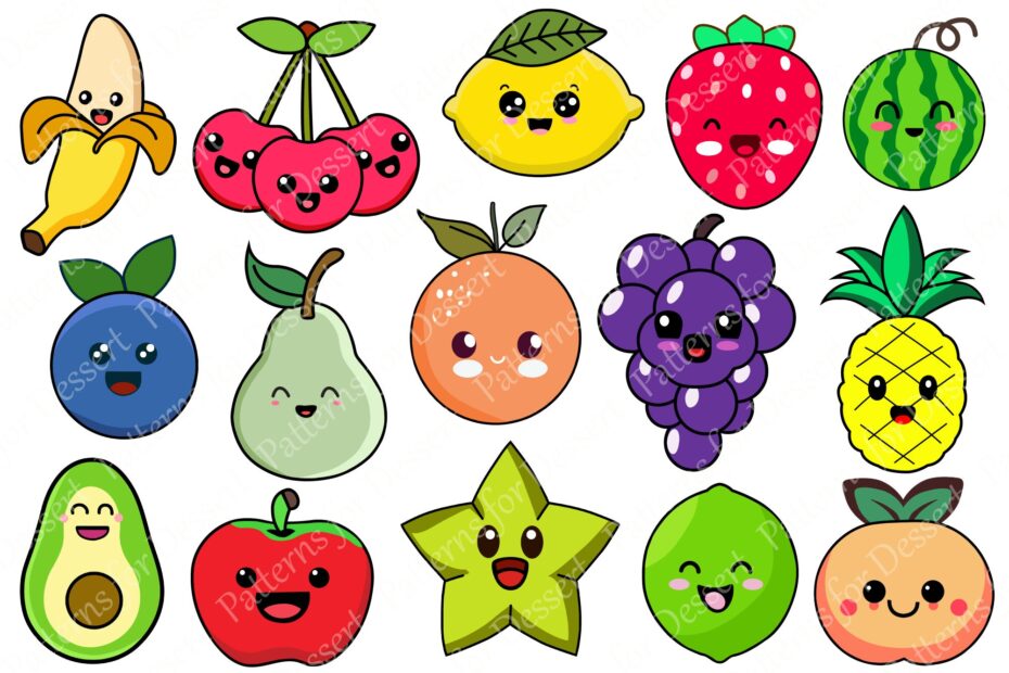 Cute Kawaii Fruit Clip Art By Patterns For Dessert TheHungryJPEG