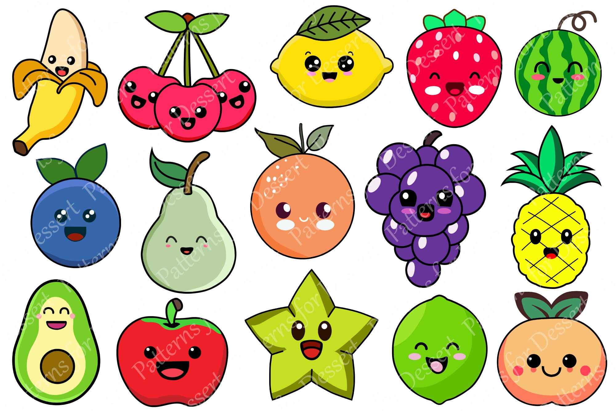 Cute Kawaii Fruit Clip Art By Patterns For Dessert TheHungryJPEG