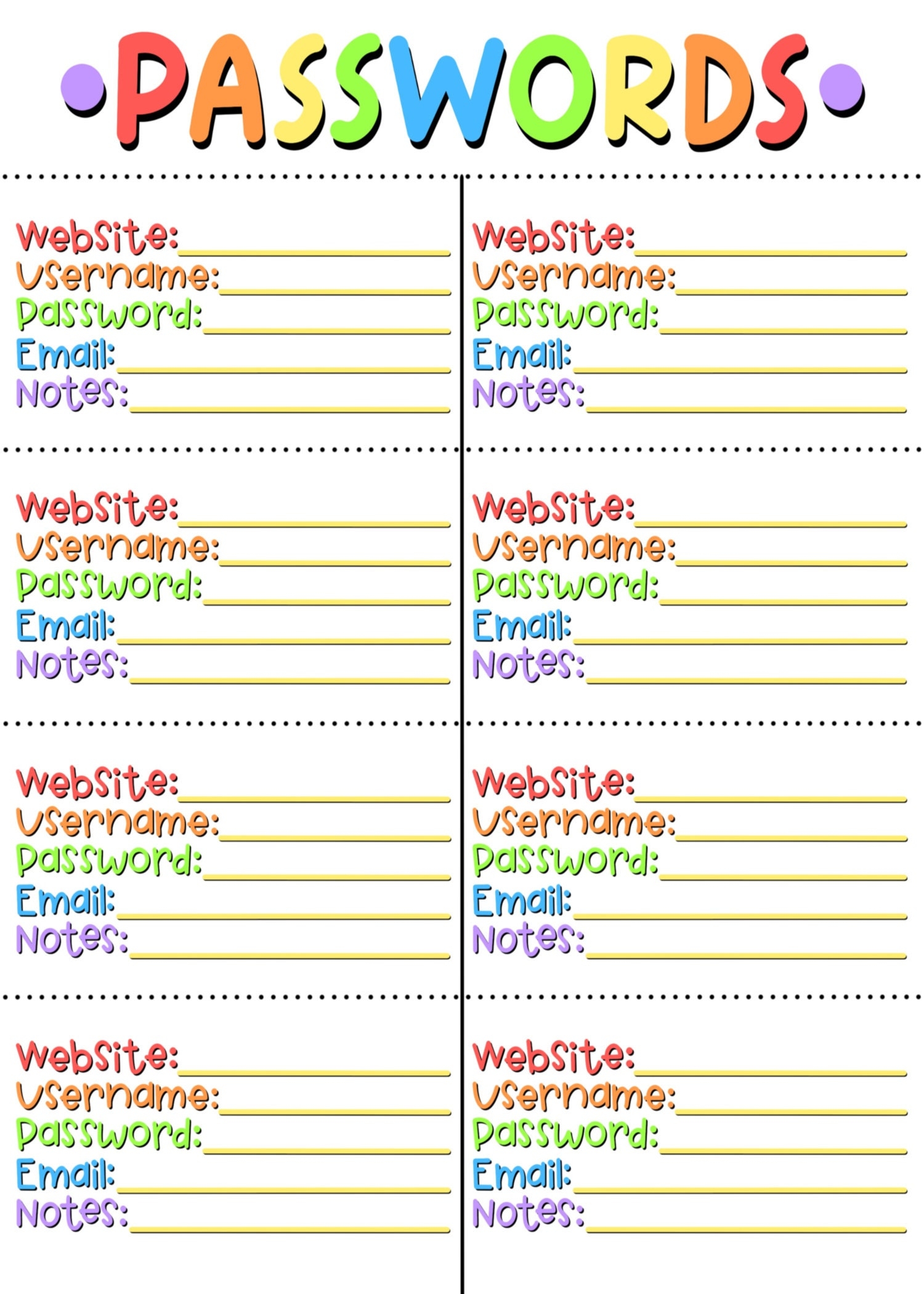 free credit card password template printable