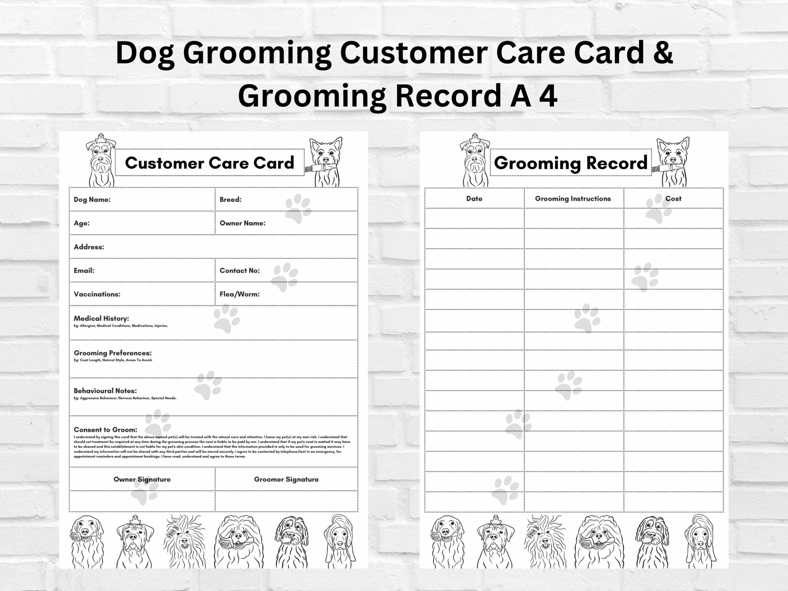 Dog Grooming Form Record Card A4 PDF Black White Client Digital 