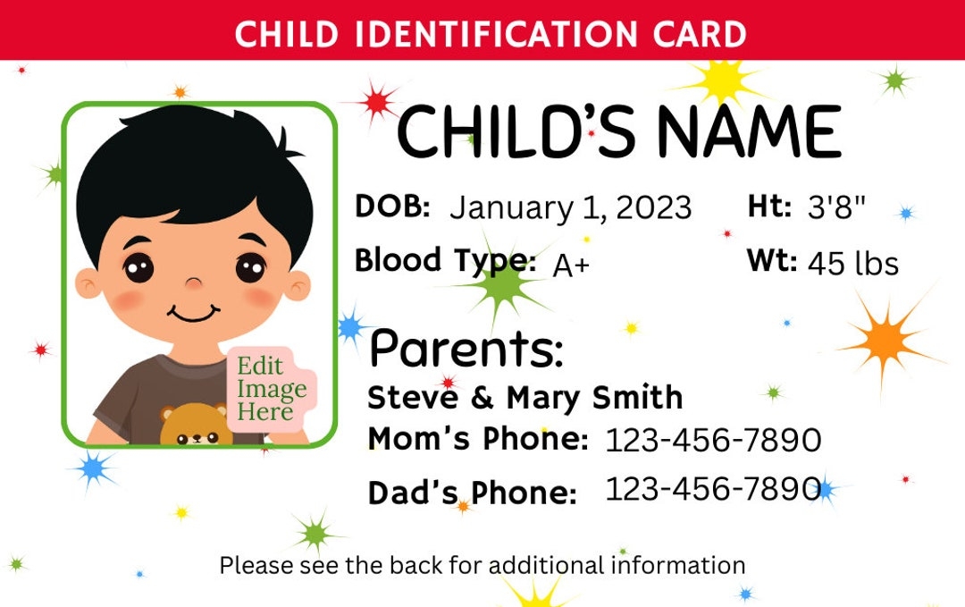 Editable Child ID Card Canva Template Custom Kid ID Card Printable 