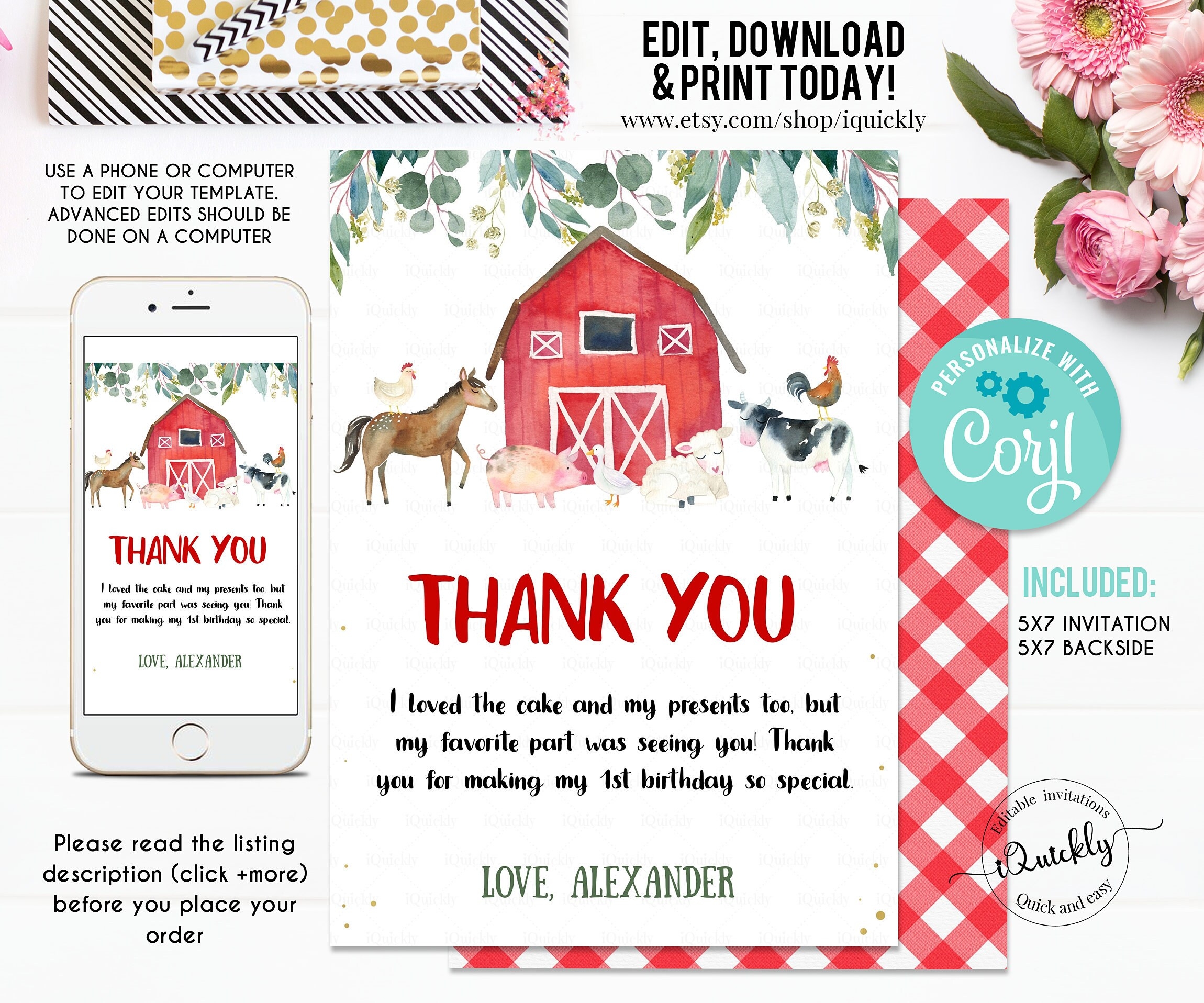 EDITABLE Farm Thank You Card Barnyard First Birthday Note Etsy