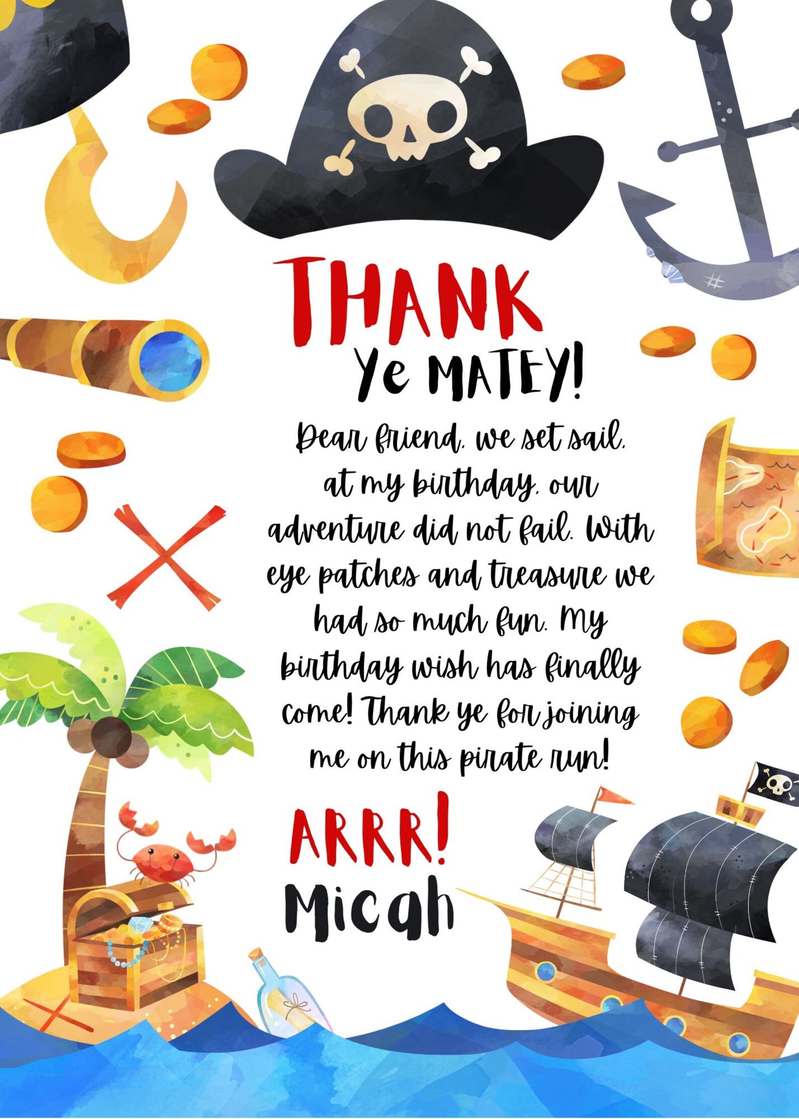 free printable pirate thank you card template