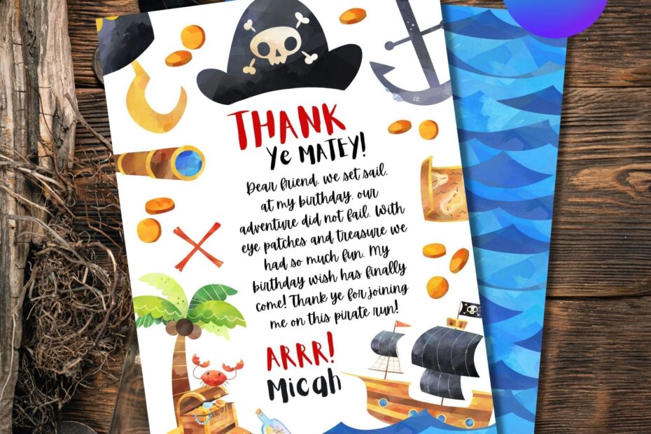 Editable Pirate Birthday Party Thank You Card Template Printable
