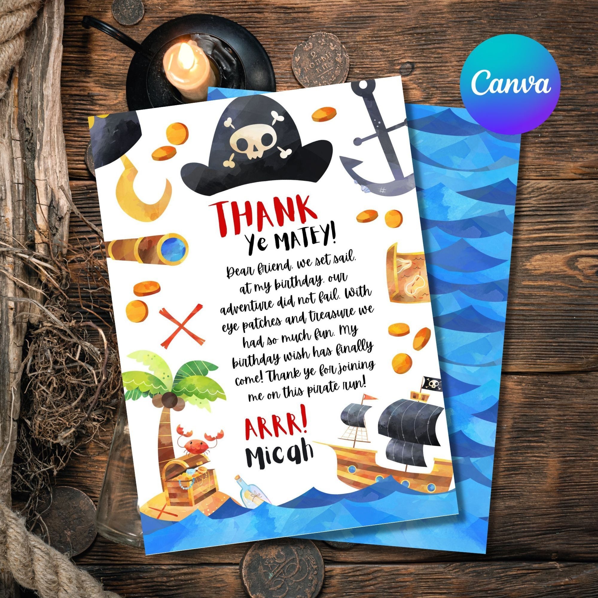 Editable Pirate Birthday Party Thank You Card Template Printable 