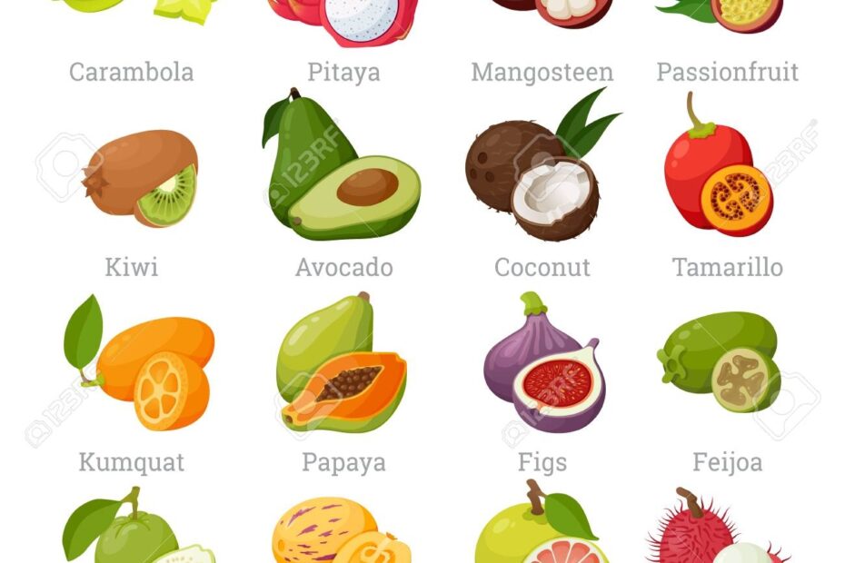 Exotic Tropical Fruits Set With Names Royalty Free SVG Cliparts