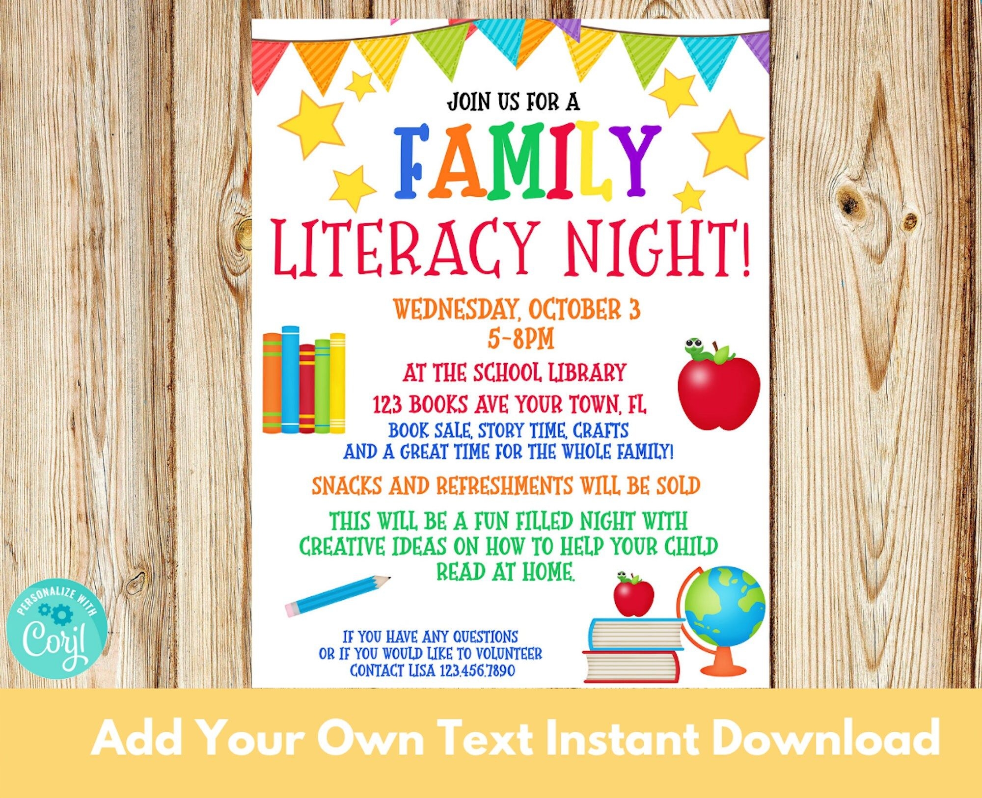 Family Literacy Night Flyer Printable School Flyer PTA Flyer PTO Flyer 