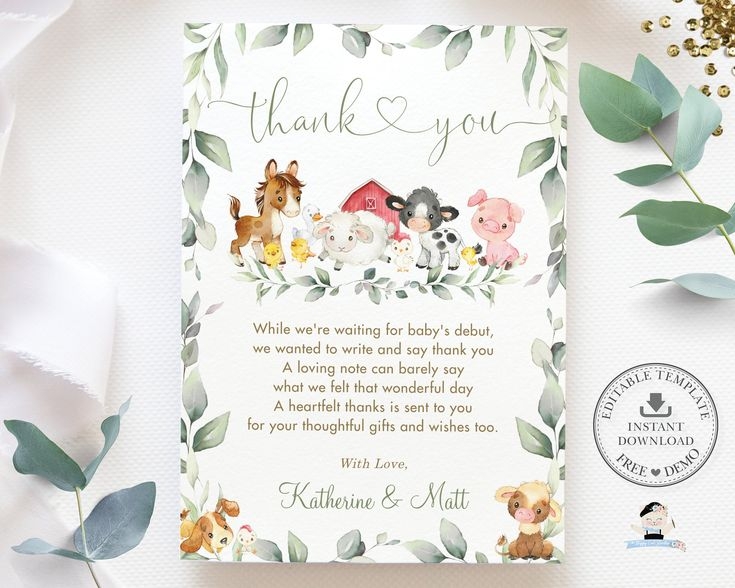 Farm Animals Thank You Note Card EDITABLE TEMPLATE Greenery Etsy 