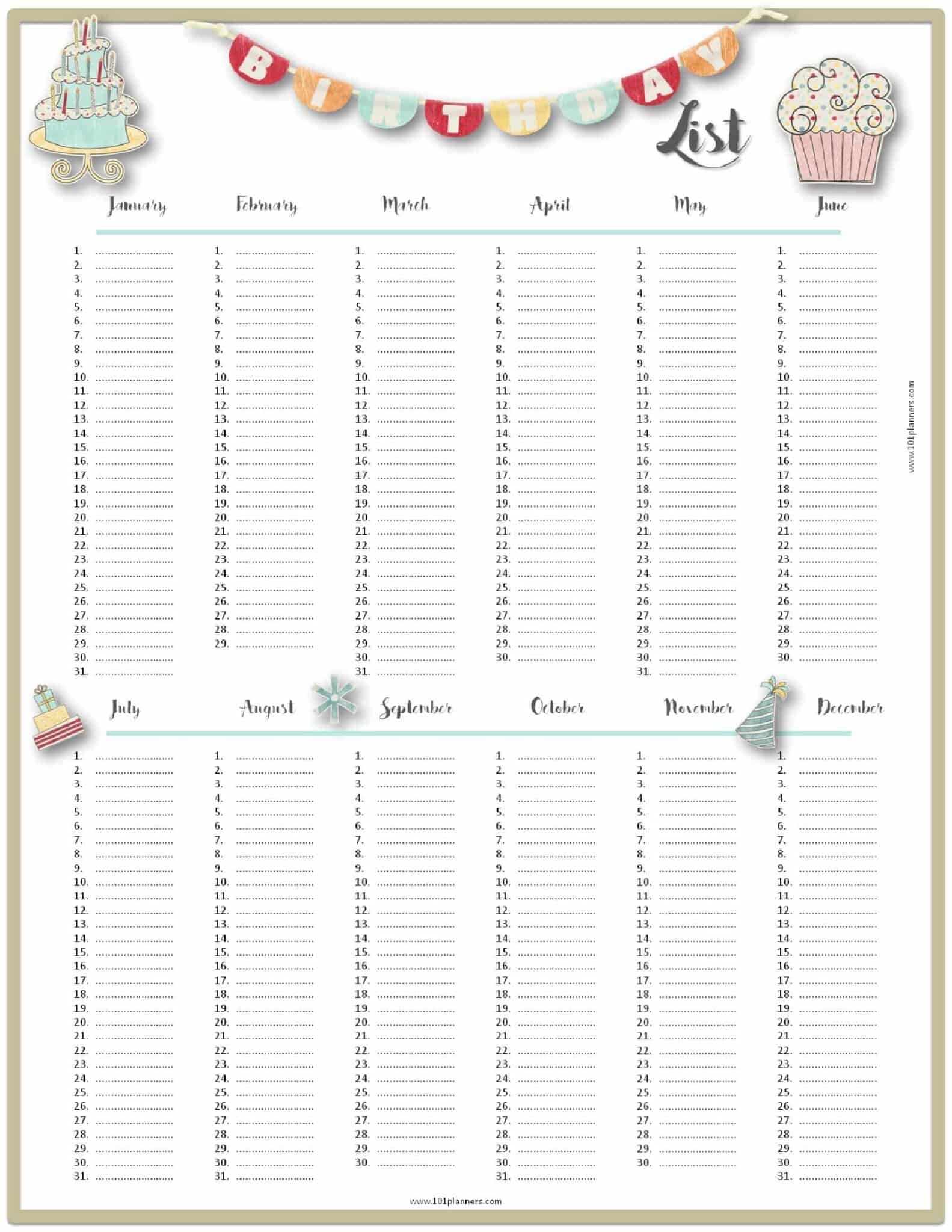 free printable birthday card list templates