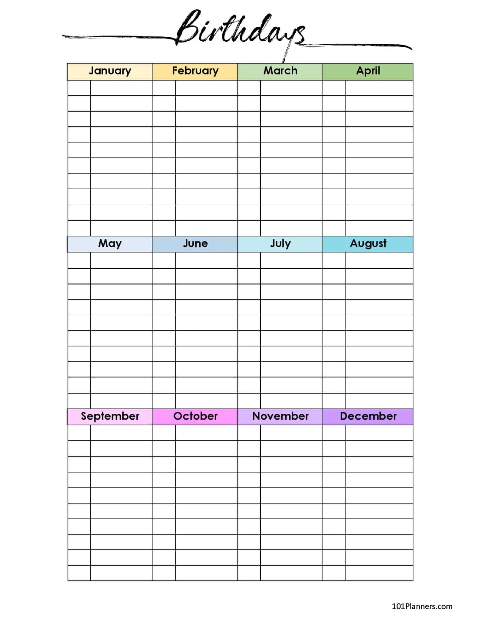 Free Birthday List Template Customize Then Print