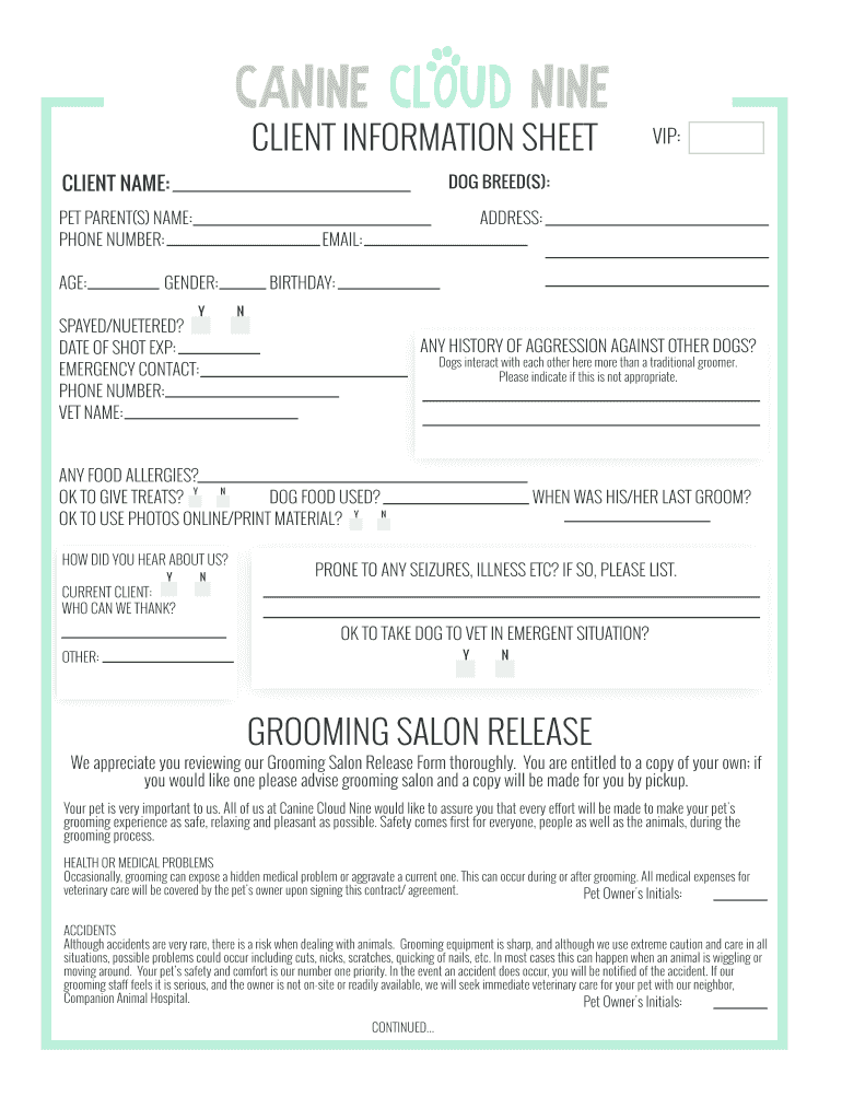 Free Dog Grooming Client Record Card Template Fill Out Sign Online 