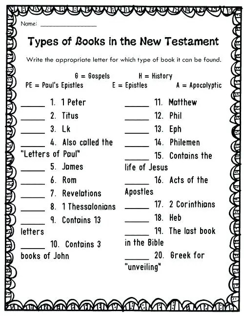 books of the bible activity printable