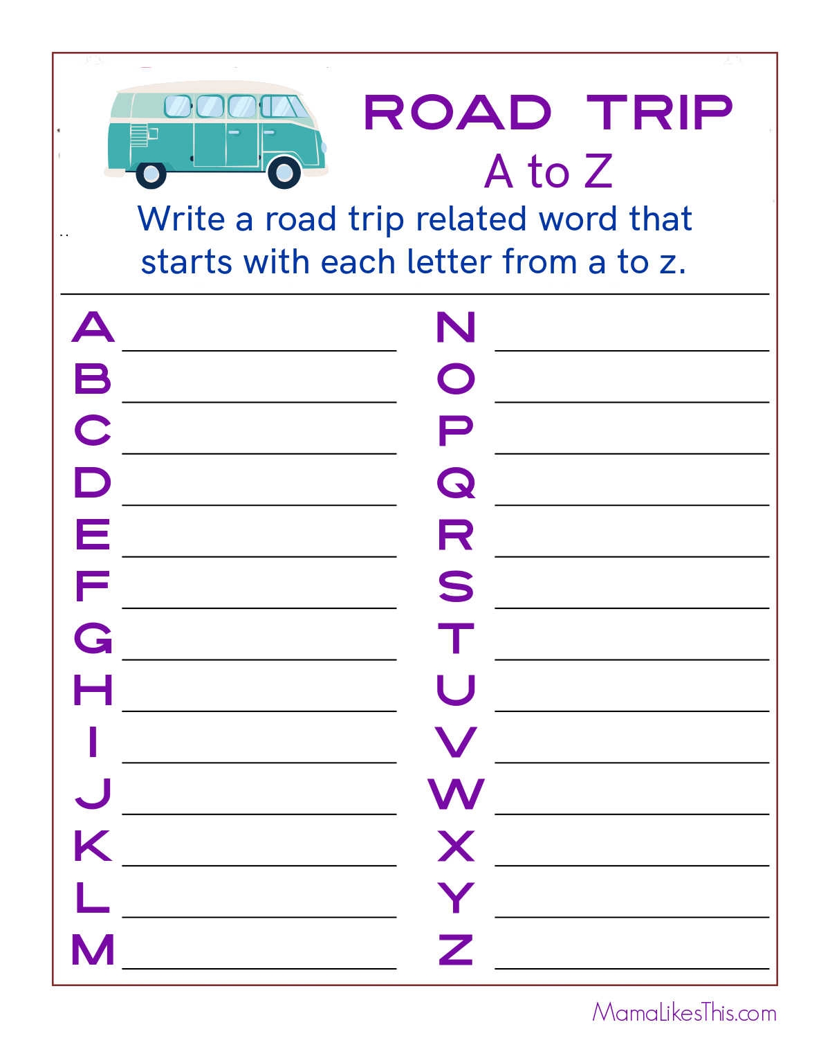 Free Printable Road Trip A To Z Word Activity Page Mama Likes This 