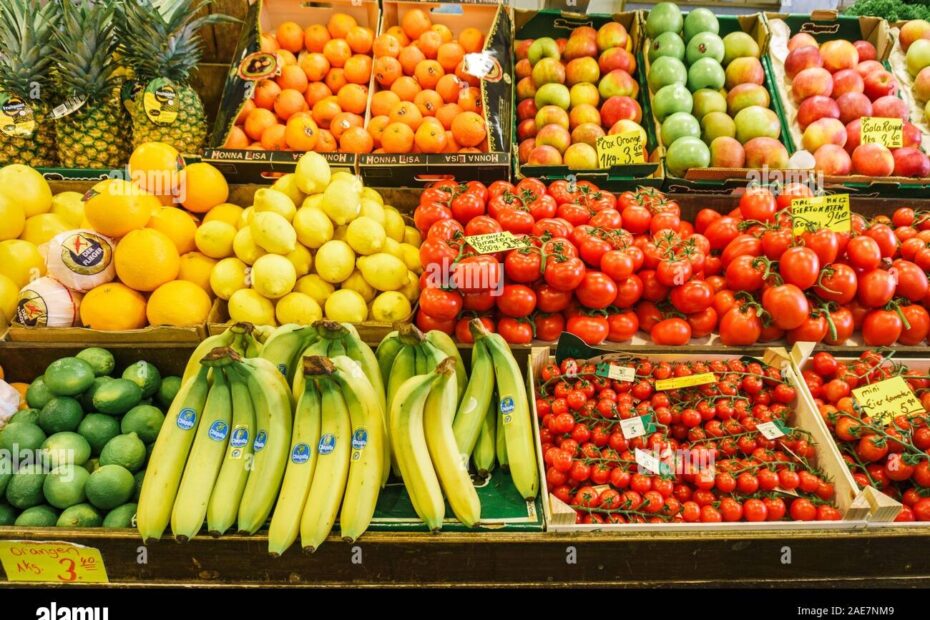 Fruit And Vegetable Market Lots Of Different Fresh Fruits And Vegetables Stock Photo Alamy