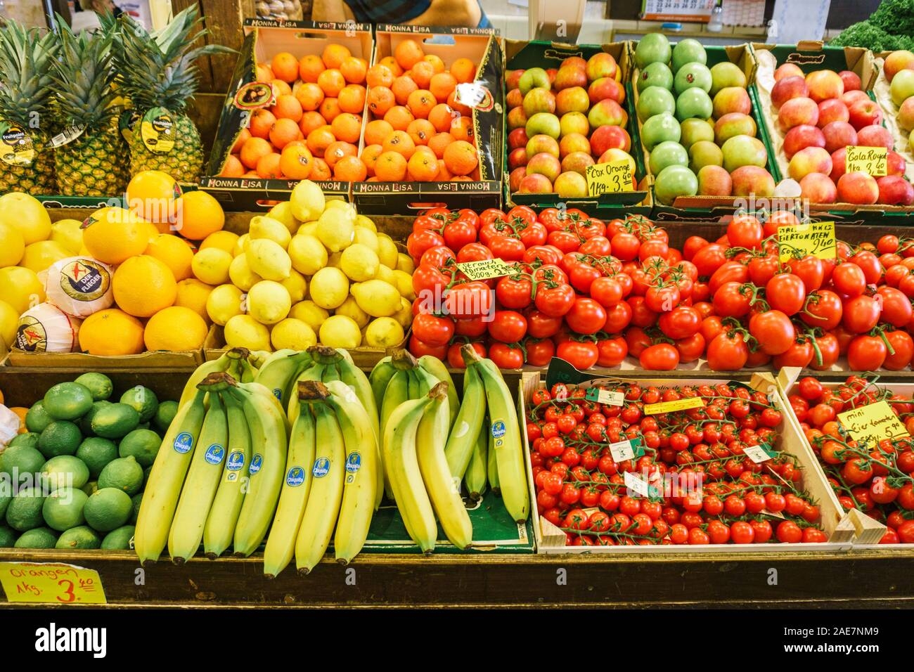 Fruit And Vegetable Market Lots Of Different Fresh Fruits And 