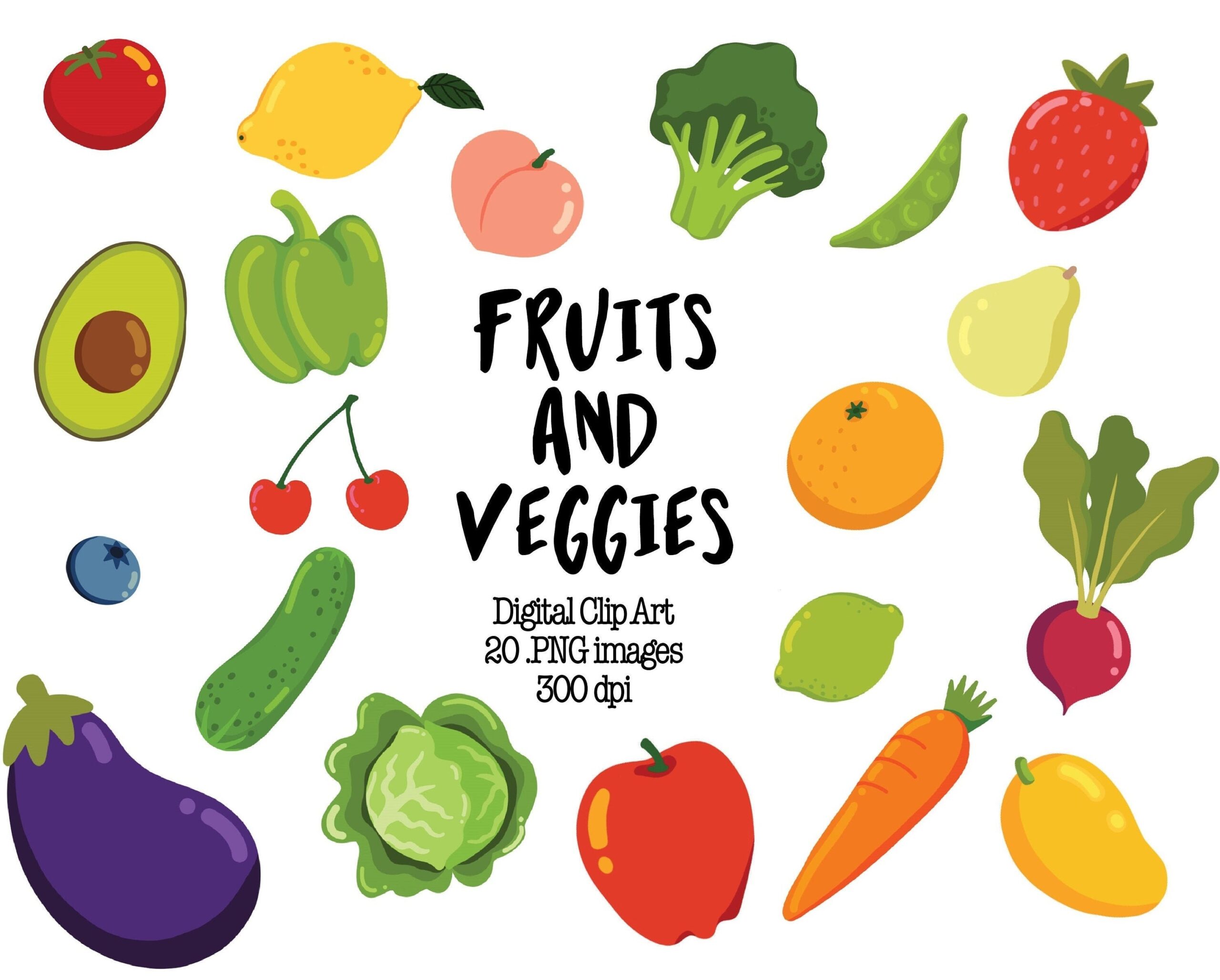 Fruits And Veggies Clipart Digital Clip Art PNG Vegetable Clip Art Healthy Food Instant Download