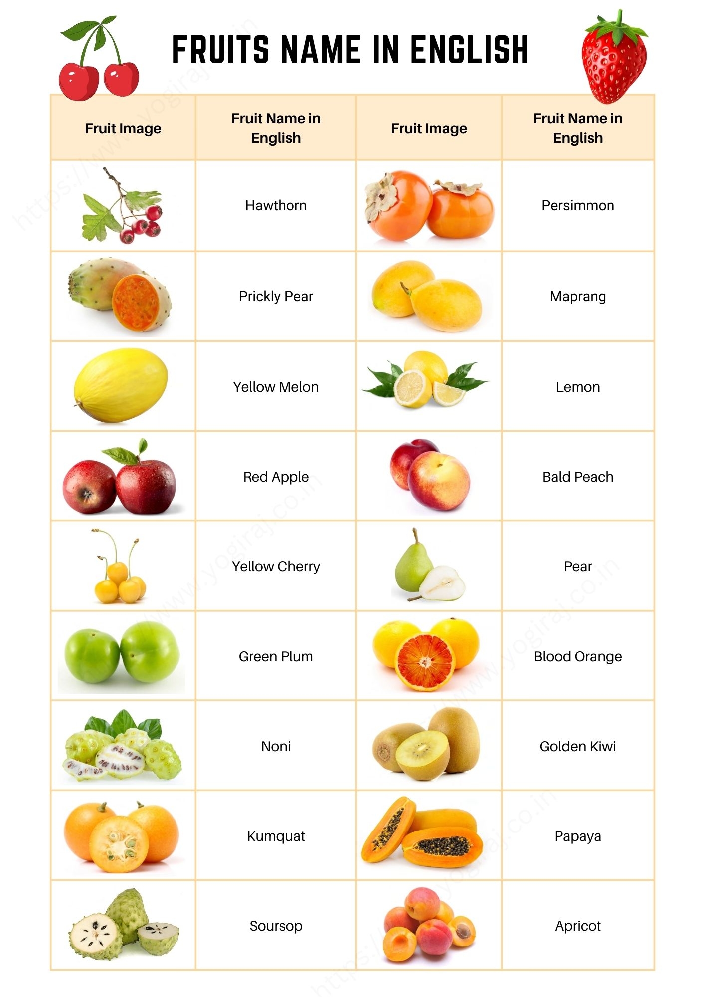 Fruits Names In English Yogiraj Study Notes