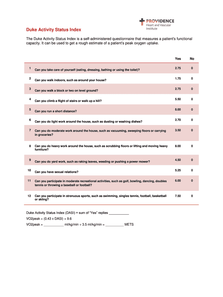 Get The Duke Activity Status Index Is A Self administered Questionnaire 
