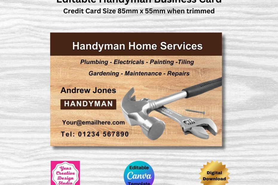 Handyman Business Card Editable Canva Template Design Handyman Business
