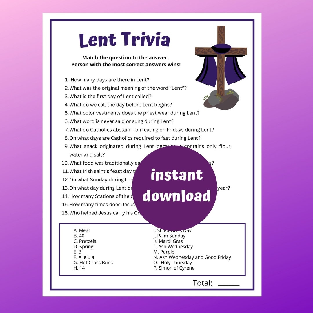 Lent Trivia Game Kids Or Adults Lent Trivia Quiz Lenten Party Game 