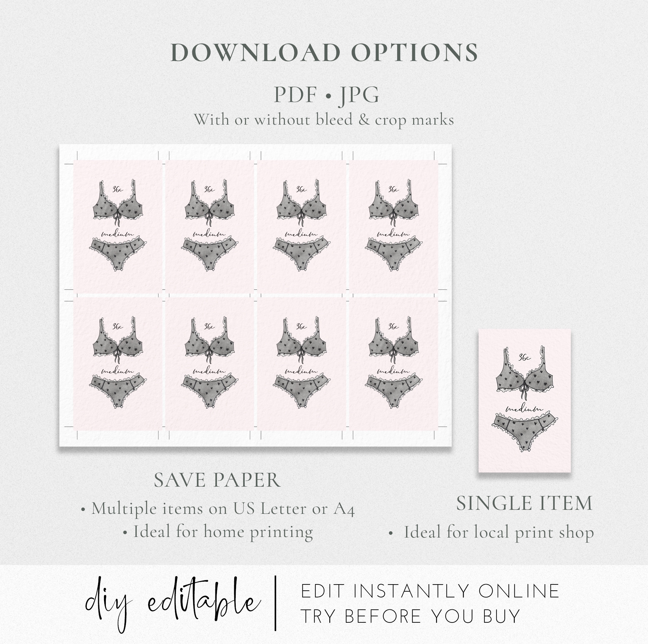 Lingerie Sizes Card Template Printable Bachelorette Party Etsy