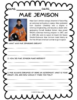 Mae Jemison No Prep Differentiated Worksheet Women 39 s History Month